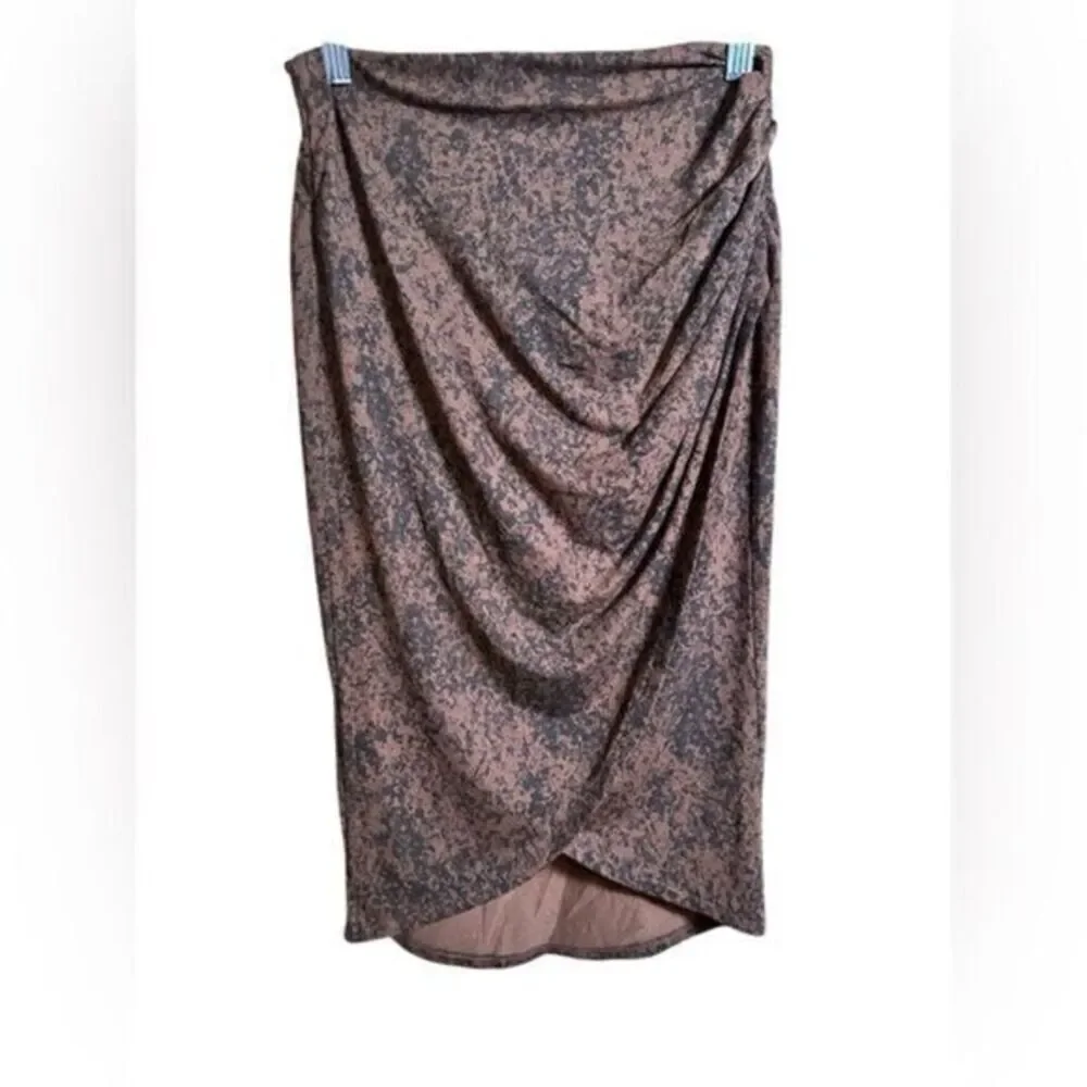 NWT Open Edit Women’s Brown Micro Black Print Faux Wrap Knee Length Skirt - XS